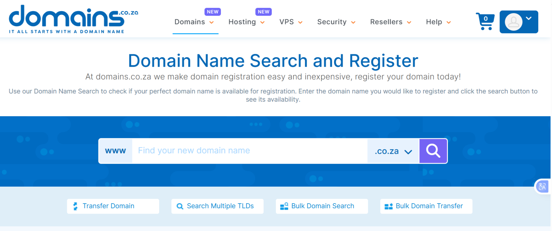a screenshot of domains.co.za a Domain Registrars in South Africa