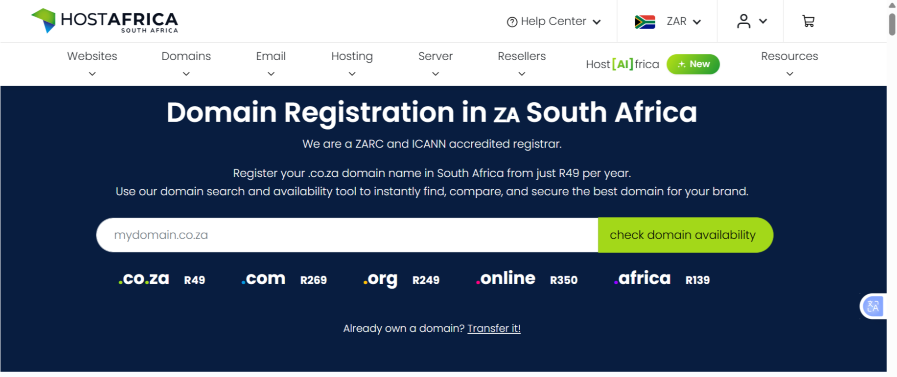 a screenshot of HostAfrica a Domain Registrars in South Africa
