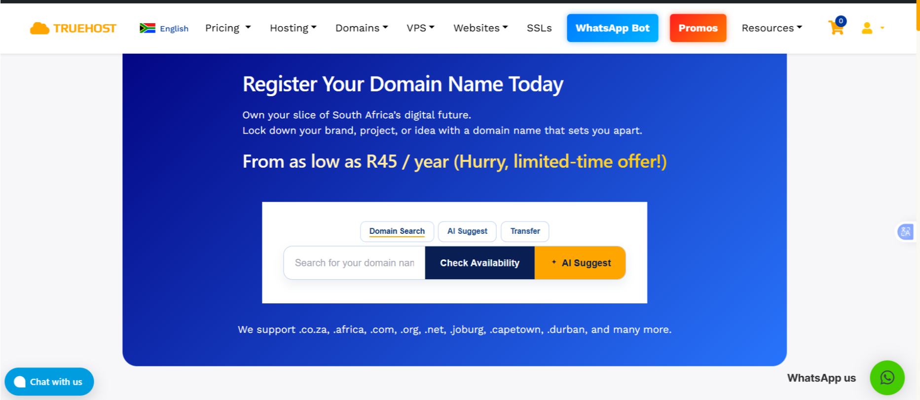 a screenshot of Truehost a Domain Registrar in South Africa