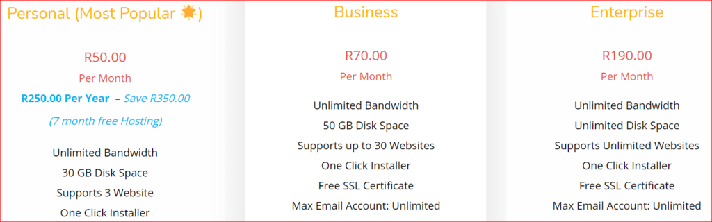 Truehost Africa web hosting prices South Africa