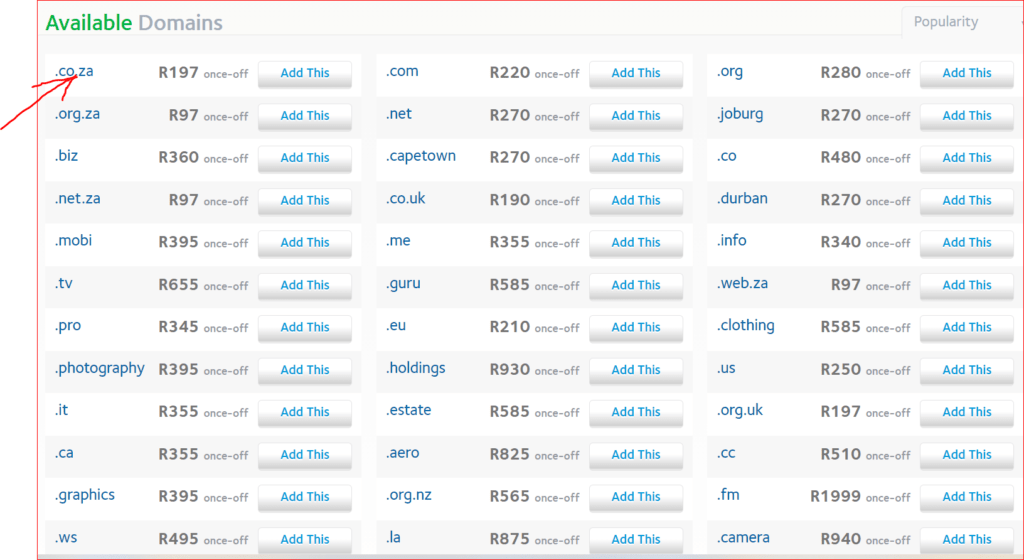 Selecting a domain extension on Afrihost