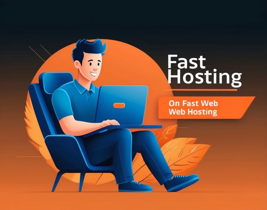 A person on fast web hosting, against a dark gradient backdrop with an orange theme Truehost