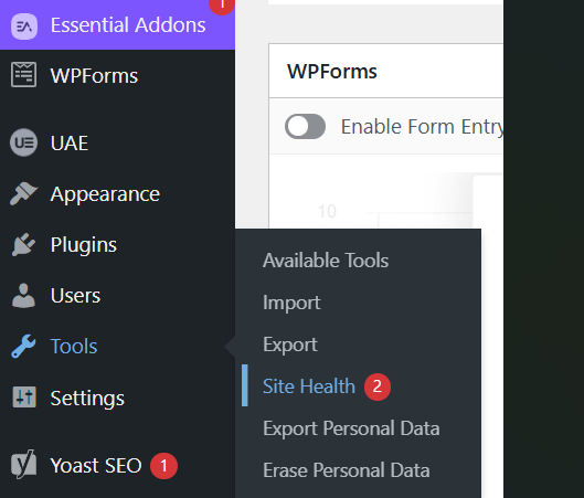 How to Check the PHP Version 5 a screenshot of tools section in WordPress dashboard