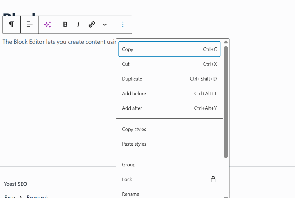 WordPress Block Editor: What It Is and How to Use It 9 A screenshot of toolbar for more actions
