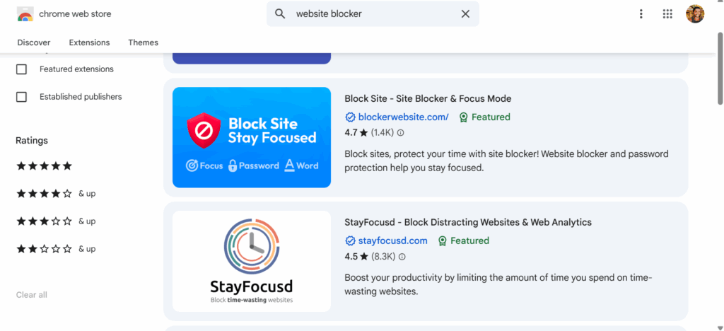 How to Block a Website in Google Chrome or Any Device or Browser 3 A screenshot of website blocker extensions