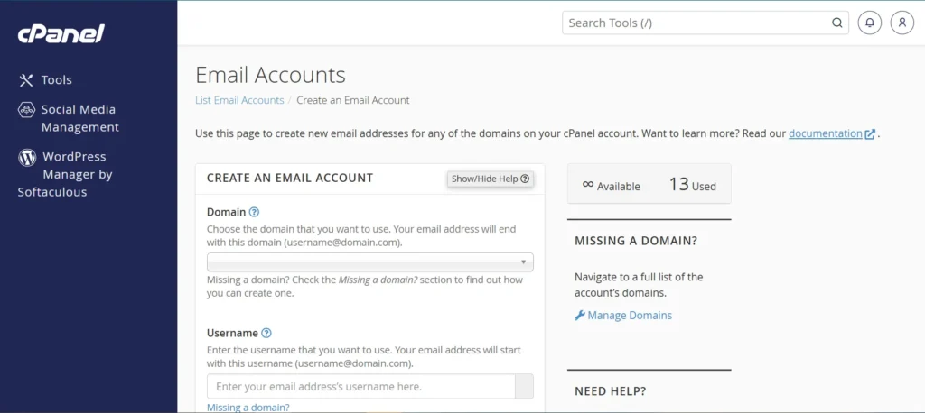 Use this page to create new email addresses for any of the domains on your cPanel account.