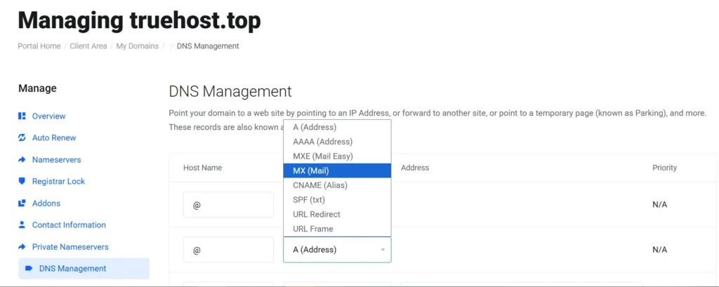 DNS Management
Point your domain to a web site by pointing to an IP Address, or forward to another site, or point to a temporary page (known as Parking), and more. These records are also known as sub-domains.