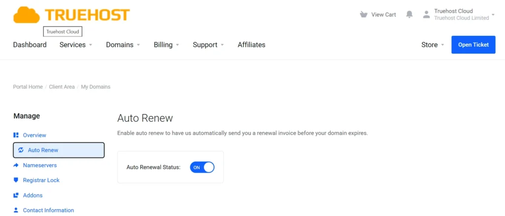 Auto Renew
Enable auto renew to have us automatically send you a renewal invoice before your domain expires.