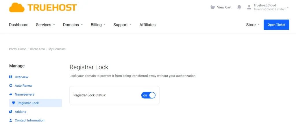 Registrar Lock
Lock your domain to prevent it from being transferred away without your authorization.