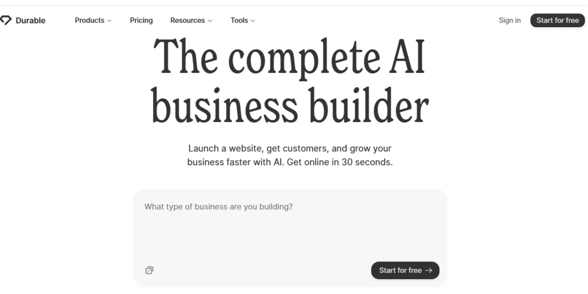 Durable AI Builder free website builder in South Africa