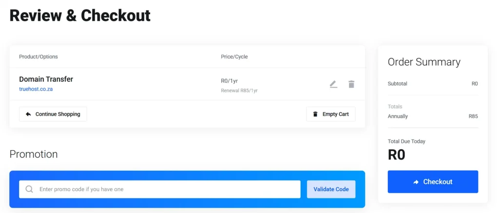 Review & Checkout transfer domain