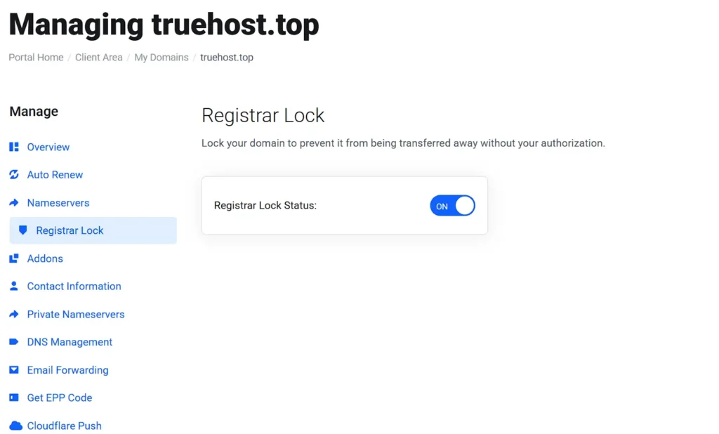 Registrar Lock
Lock your domain to prevent it from being transferred away without your authorization.