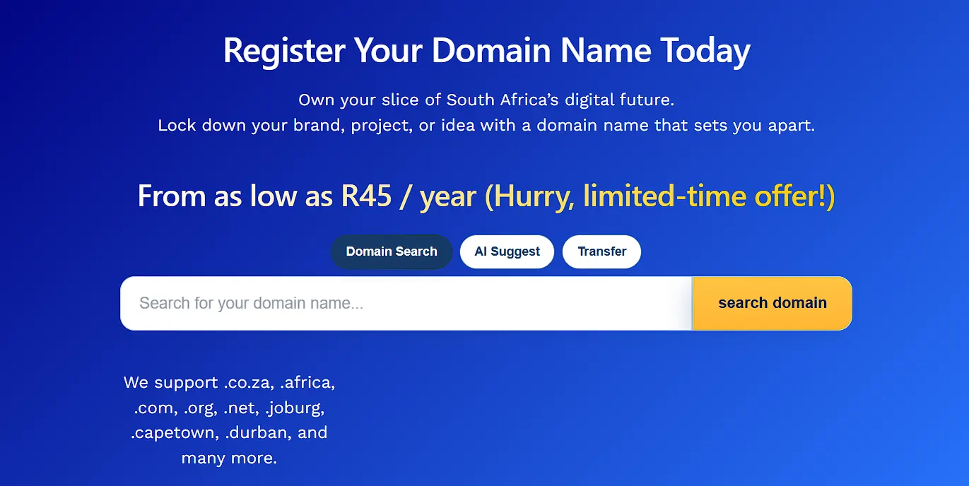 Register Your Domain Name Today
Own your slice of South Africa’s digital future.