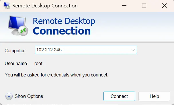 remote desktop connection to server IP
