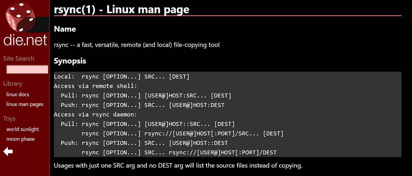 rsync(1) - Linux man page
Name
rsync -- a fast, versatile, remote (and local) file-copying tool