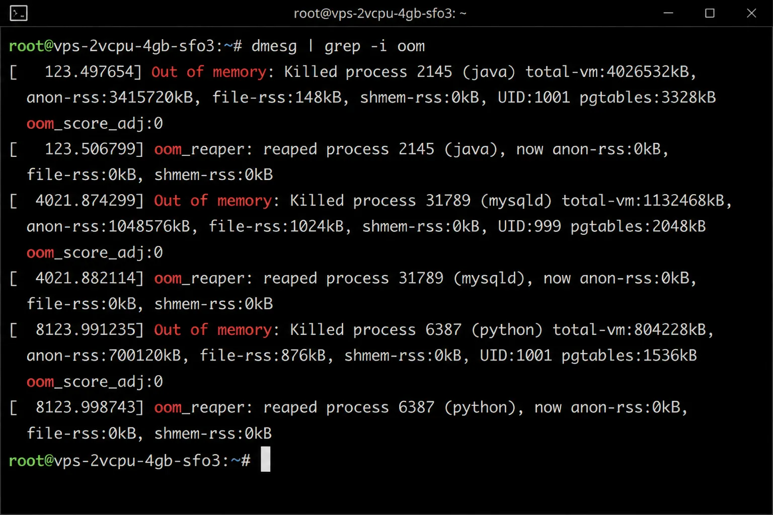 Run dmesg | grep -i oom