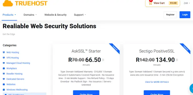 SSL pricing table for truehost
