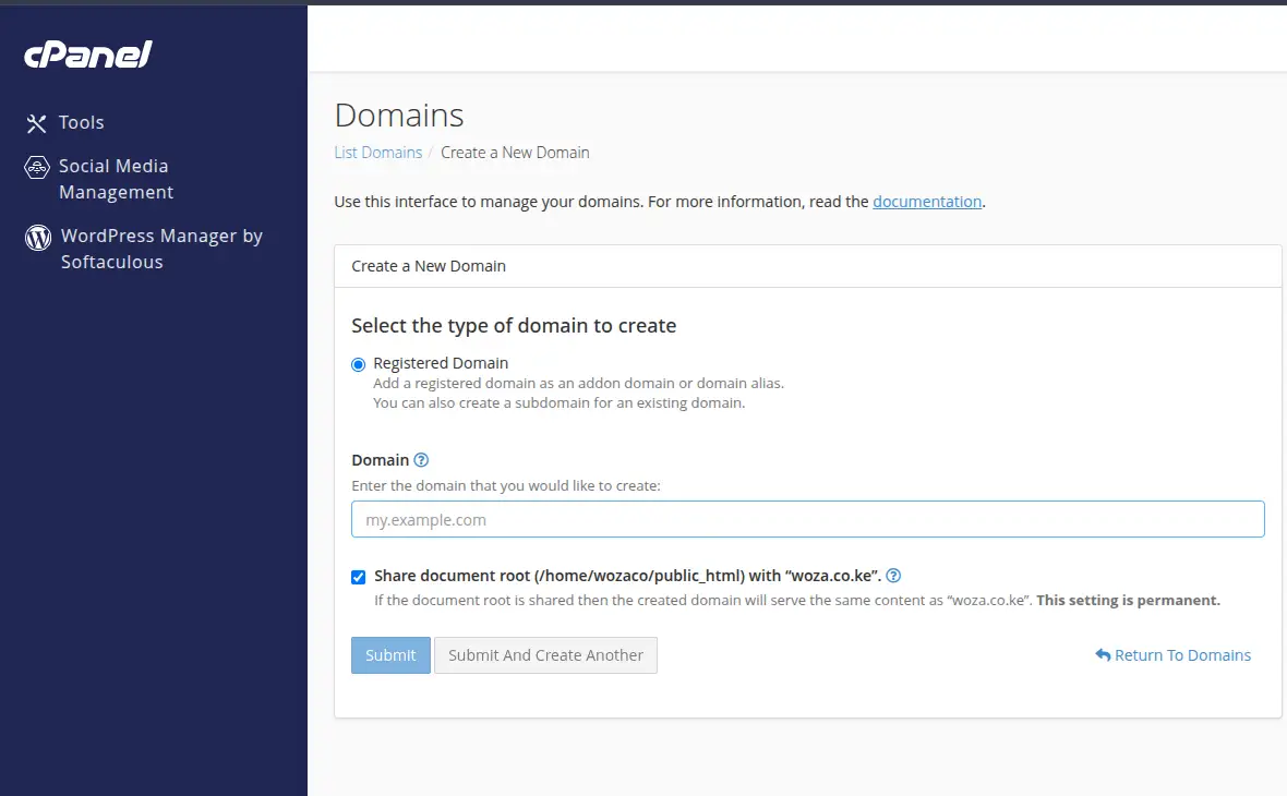 add a new domain on cpanel