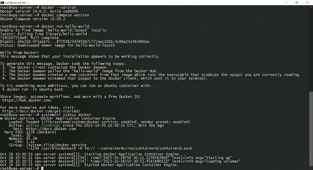 docker --version
docker compose version
docker run hello-world
systemctl status docker