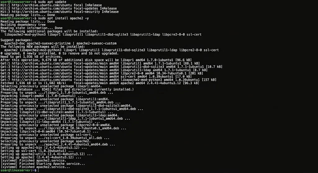 sudo apt update

Next, install Apache:

sudo apt install apache2 -y