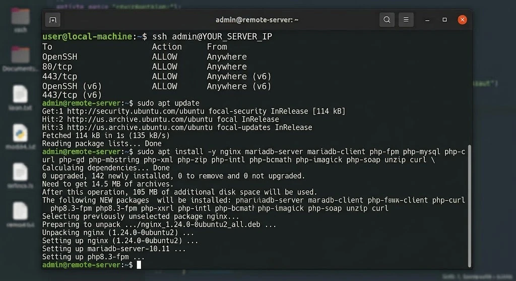 sudo apt update

sudo apt install -y nginx mariadb-server mariadb-client \

  php-fpm php-mysql php-curl php-gd php-mbstring php-xml php-zip \

  php-intl php-bcmath php-imagick php-soap unzip curl