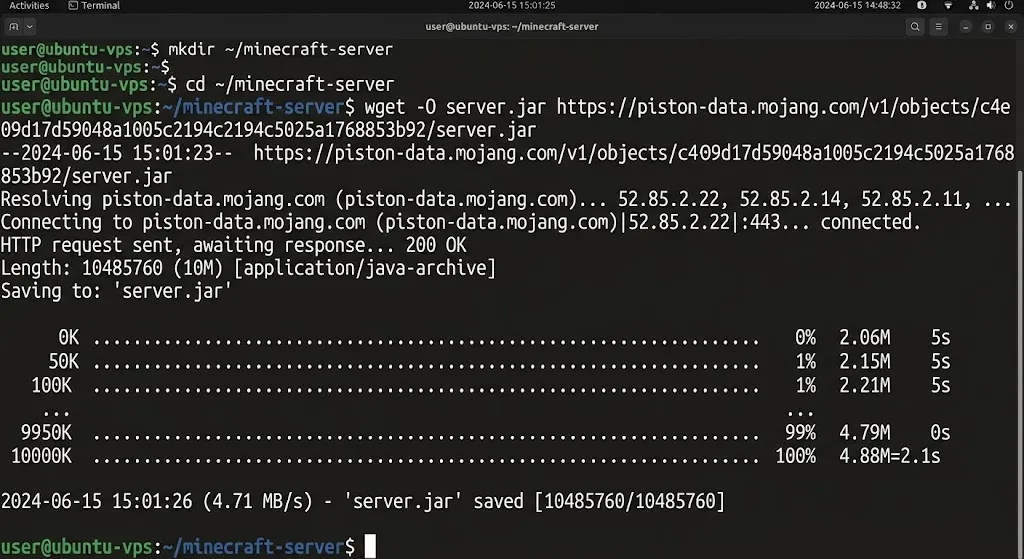 mkdir ~/minecraft-server
cd ~/minecraft-server
wget -O server.jar https://your-chosen-source/server.jar