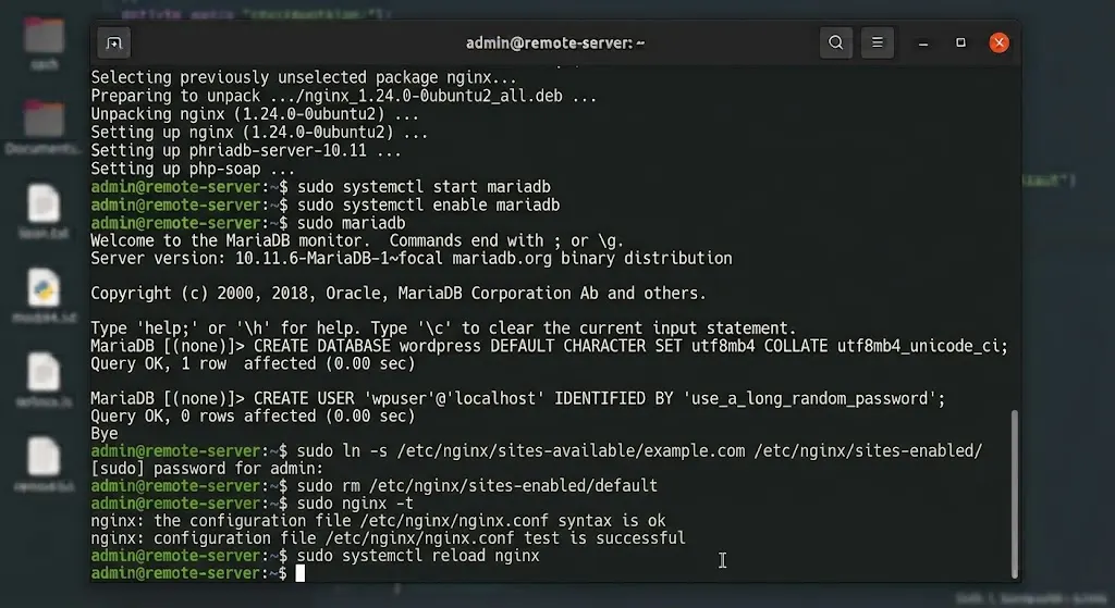 sudo ln -s /etc/nginx/sites-available/example.com /etc/nginx/sites-enabled/

sudo rm /etc/nginx/sites-enabled/default

sudo nginx -t

sudo systemctl reload nginx