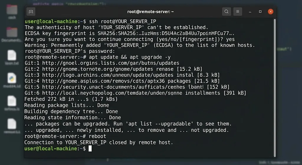 ssh root@YOUR_SERVER_IP

apt update && apt upgrade -y

reboot