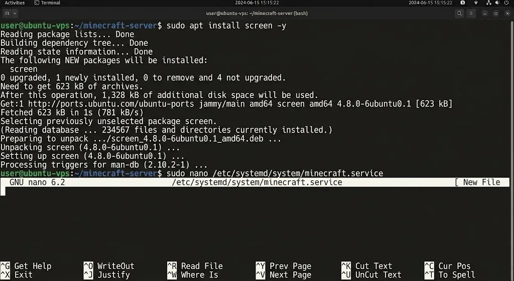 sudo apt install screen -y
sudo nano /etc/systemd/system/minecraft.service