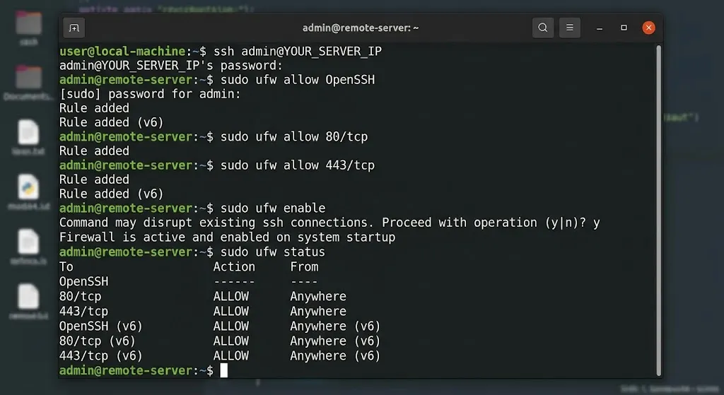 sudo ufw allow OpenSSH.

sudo ufw allow 80/tcp

sudo ufw allow 443/tcp

sudo ufw enable

sudo ufw status