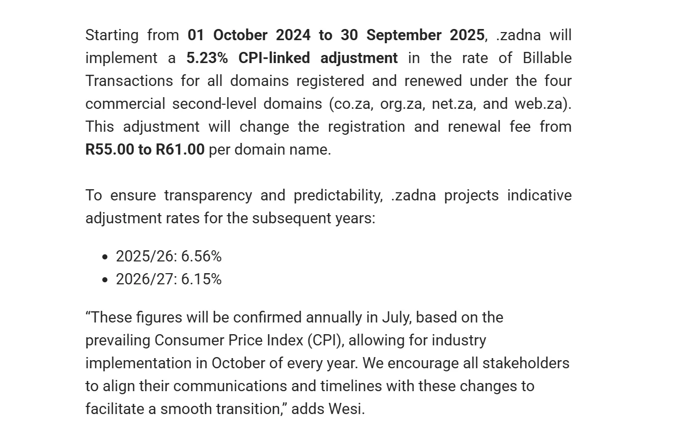 Zadna Domain Registration Fee Update Official text document from Zadna announcing a 5.23% CPI-linked adjustment for .co.za domain prices, increasing fees from R55.00 to R61.00 starting October 2024, with indicative future rates.